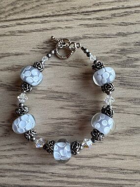 Light Purple Dot Glass Bead with Swarovski Crystals and Silver accent Bracelet